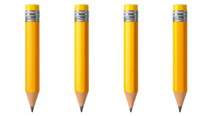 A close up still life of four bright yellow wooden pencils arranged in a simple clean composition with the middle pencil brought into sharp focus symbolizing creativity and learning.