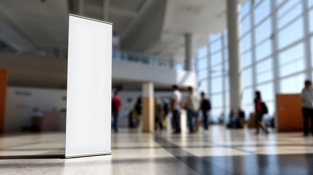 Panneau publicitaire blanc vierge dans un hall moderne avec personnes