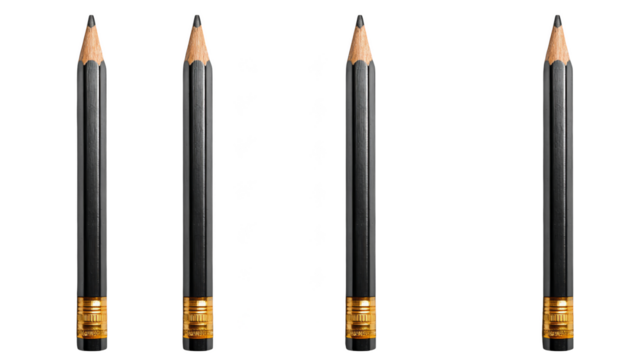 A detailed macro photograph of three sharpened wooden pencils with elegant gold trims and dark graphite tips arranged neatly for artistic or educational purposes on a clean surface.