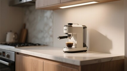 Espresso machine brewing coffee on a modern kitchen countertop