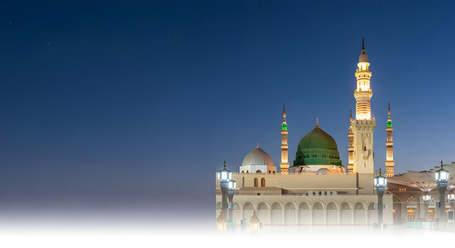 Milad un Nabi Maulid or Mawlid al Nabi islamic background banner with Madina mosque shining lantern holy lights
