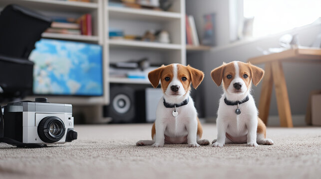 Adorable twin puppies sitting on carpet near vintage camera in cozy home setting