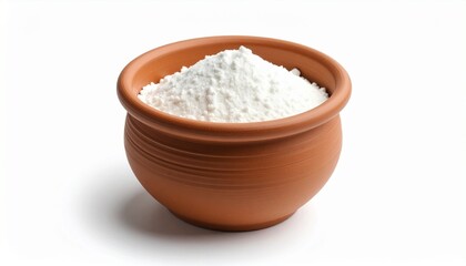 Terracotta bowl filled with white powdery flour, slightly heaped above rim on clean surface.