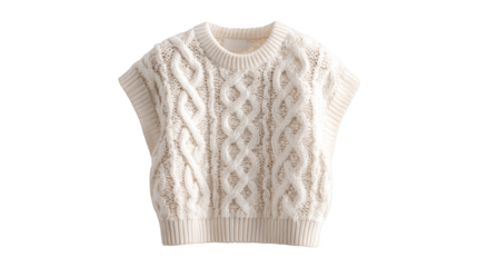 A close up photograph of a classic white cable knit sweater showcasing the intricate patterns and the cozy texture of the warm woolen fabric against a neutral soft focus background.