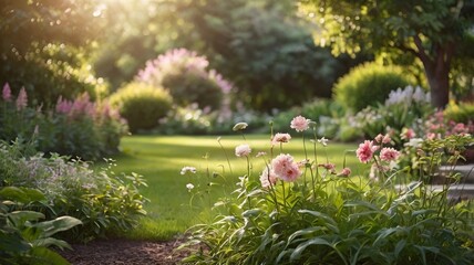 Naklejka premium Beautiful Garden with Blurred Summer Background – Soft Focus Free Space for Text