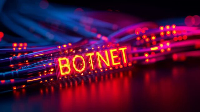 Glowing &ldquo;BOTNET&rdquo; text surrounded by colorful network cables, symbolizing cybersecurity threats, hacking, and digital vulnerabilities.