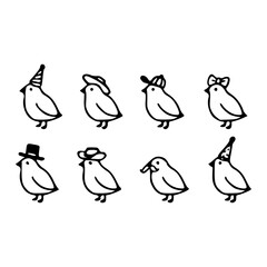 hand-drawn doodle of assorted birds with accessories