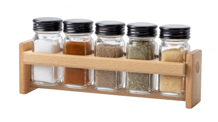 An elegantly crafted wooden spice rack stands on a kitchen counter holding six uniform glass jars containing an assortment of essential culinary seasonings and herbs for gourmet cooking.