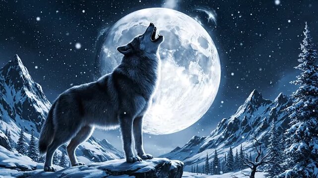 Majestic Grey Wolf Howling at the Full Moon on Snowy Mountain in Winter Night Landscape, Featuring Illustration of Canis Lupus Amidst Starry Sky and Snowy Trees Perfect for Decoration