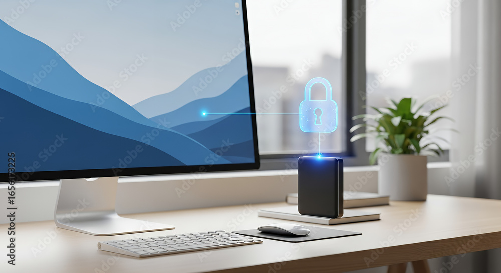 Poster clean workstation with external ssd and holographic lock symbol for secure storage