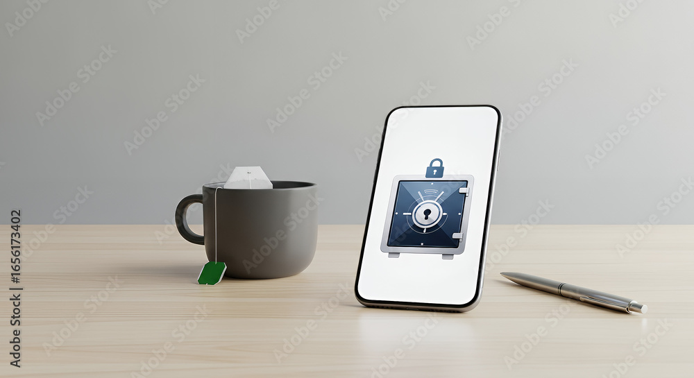 Aufkleber minimalist desk scene with smartphone displaying encrypted vault icon and coffee mug for data securi