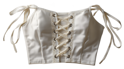 A detailed studio photograph capturing the intricate beauty of a classic white corset with delicate laces and a row of small decorative buttons representing historical fashion.