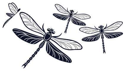 Stylized dark blue dragonflies with intricate wing patterns in various flying poses on a white background