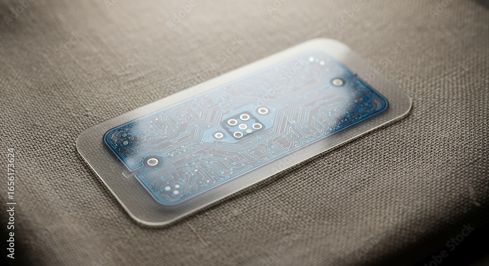Poster transparent smart diagnostic patch positioned on a plain linen cloth and copy space