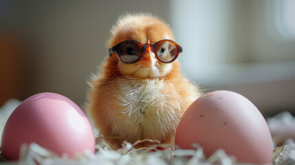 A fluffy baby chick wearing round sunglasses stands between two pastel pink eggs on a bed of straw-like material. The chick's serious expression contrasts humorously with the playful setting