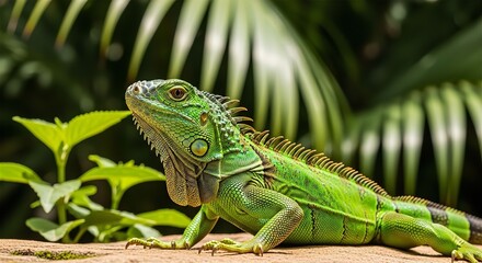 Green Iguana on Sunlit Rock
