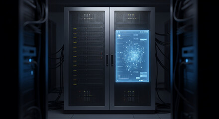 Minimalist server rack with a glowing security interface displayed on the front panel