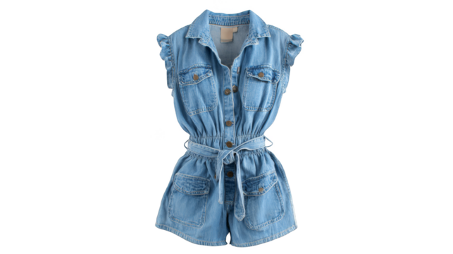 Stylish young woman showcases a classic blue denim romper a versatile one piece playsuit perfect for a casual summer day outdoors featuring comfortable fabric and a fashionable design.
