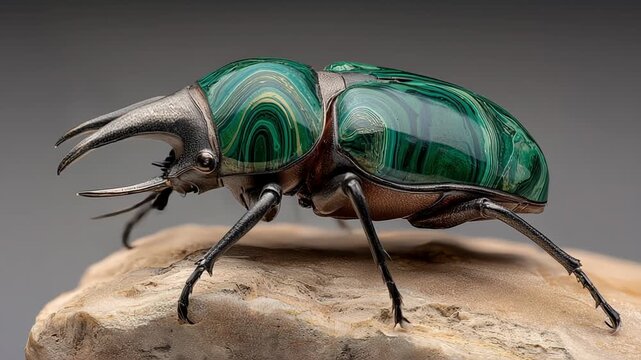 A stunning emerald beetle rests on a smooth stone, displaying vibrant green patterns that resemble art. The creature's unique features captivate and celebrate nature's creativity.