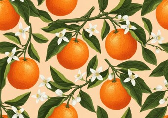 Vibrant orange grove pattern with blossoms and fruit