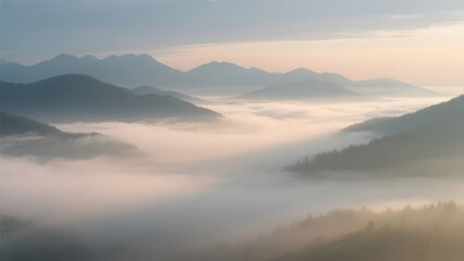 Foggy Valley at Dawn with Rolling Hills and Misty Mountains