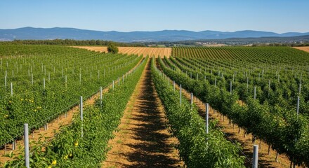 Obraz premium Vineyard rows stretching into a distant mountain range under a clear blue sky.