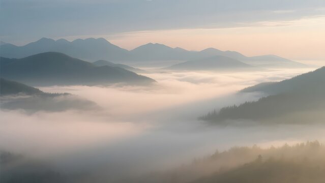Foggy Valley at Dawn with Rolling Hills and Misty Mountains
