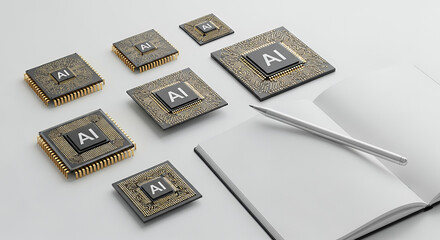 Flat lay of AI microchips, stylus, and notebook on a clean white surface and copy space