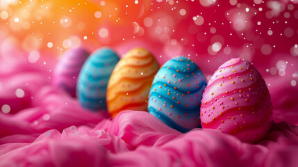 This festive and enchanting Easter banner showcases a row of vibrantly decorated eggs resting on a flowing pink fabric. The eggs feature bold patterns with wavy lines and colorful dots in bright hues