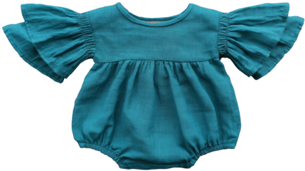 Teal Muslin Baby Romper with Ruffle Sleeves.