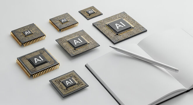 Flat lay of AI microchips, stylus, and notebook on a clean white surface and copy space