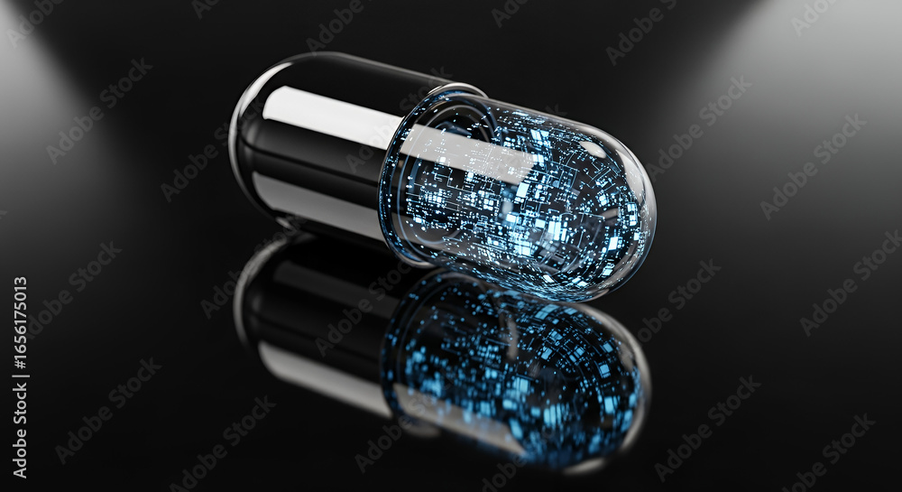 Aufkleber futuristic neuroimplant capsule with embedded circuits displayed on a reflective surface and copy sp
