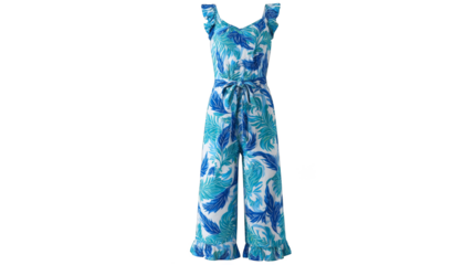 Detailed view of a fashionable blue and white jumpsuit with a prominent tropical palm leaf pattern showcasing the textile s texture and summer themed botanical print on the clothing.