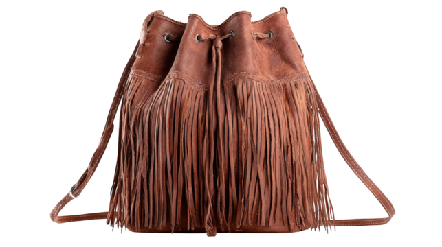 A close up view of a stylish brown fringed handbag showcasing its intricate tassel details and the functional silver zipper closure a perfect bohemian style fashion accessory for everyday use.