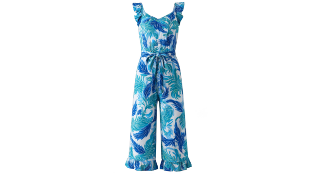 Detailed view of a fashionable blue and white jumpsuit with a prominent tropical palm leaf pattern showcasing the textile s texture and summer themed botanical print on the clothing.