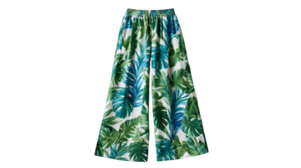 White Wide-Leg Trousers with a Green and Blue Tropical Palm Leaf Print.