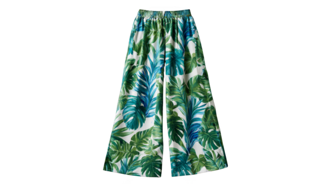 White Wide-Leg Trousers with a Green and Blue Tropical Palm Leaf Print. - Powered by Adobe