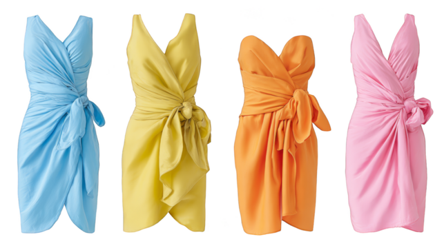 A beautiful studio collection of four distinctly colored dresses each featuring an elegant bow accent showcasing a variety of formal attire styles and vibrant fabric choices for any special occasion.