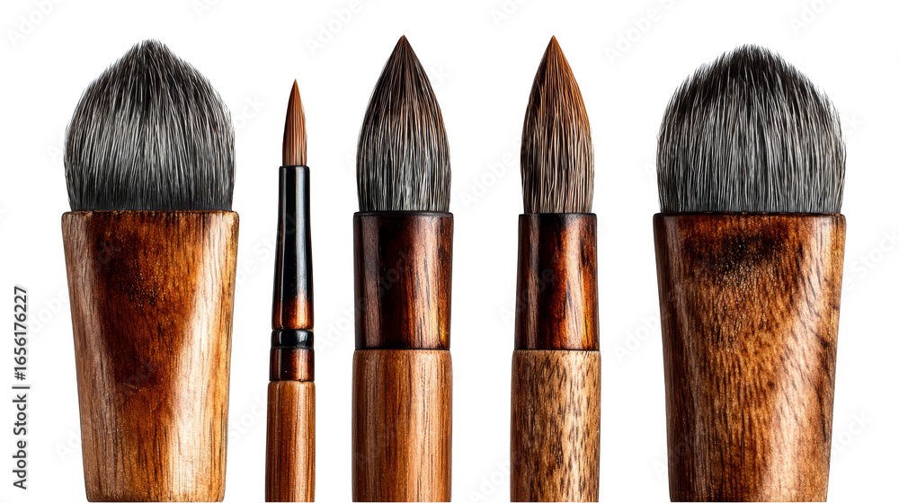 Poster a diverse collection of painting implements arranged neatly showcasing a variety of bristle types si