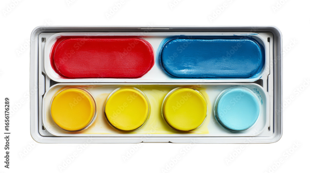 Poster top down view of a simple white's palette holding four separate pools of bright wet colorful paint p