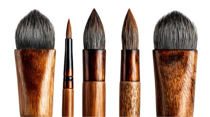 A diverse collection of painting implements arranged neatly showcasing a variety of bristle types sizes and handle materials for artistic creation and detailed craft work.