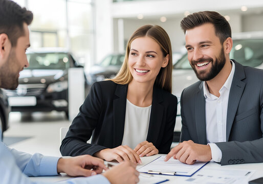 Happy young couple talking with a salesman and signing a contract to buy a new car at a dealership showroom. - Powered by Adobe