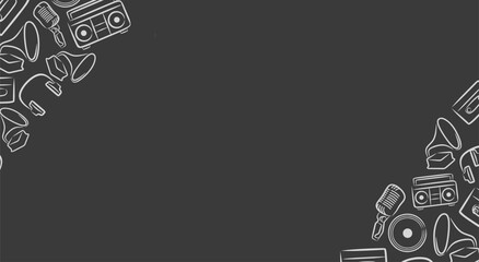 Dark background with retro music border including cassette vinyl record radio and microphone sketch