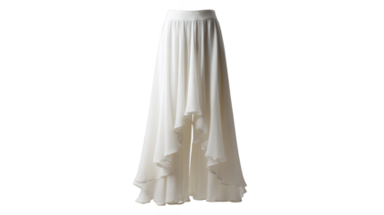 A pristine white wedding dress featuring an elegantly long flowing skirt a classic bridal gown symbolizing matrimonial celebration and timeless romance.