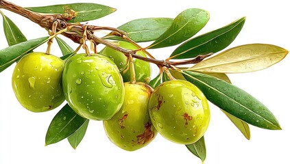 Fresh olives on a branch with leaves