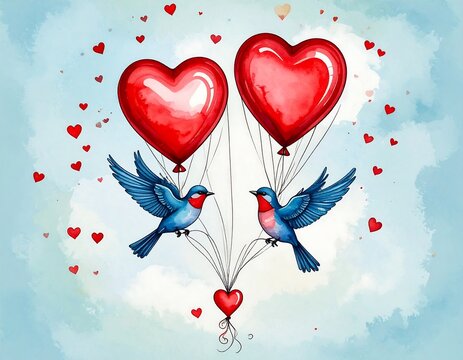 Naklejki Two birds with hearts, flying in the sky
