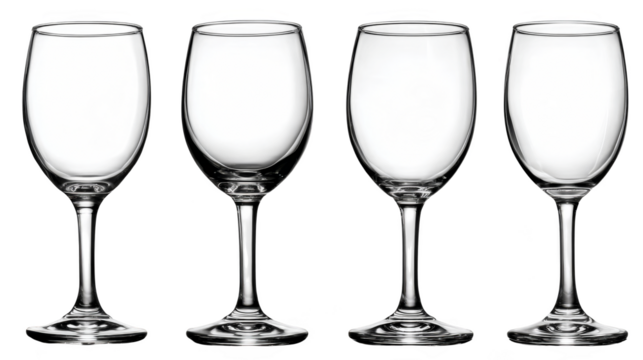 Four elegant and empty wine glasses stand together in a simple minimalist composition.