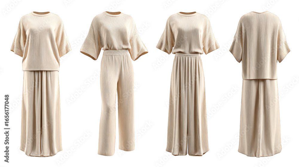 Poster a minimalist display of three elegant beige dresses hanging in a row showcasing simple yet sophistic