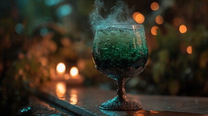 Halloween Party Banner Concept. Alcoholic witch creepy orange cocktail in beautiful glass