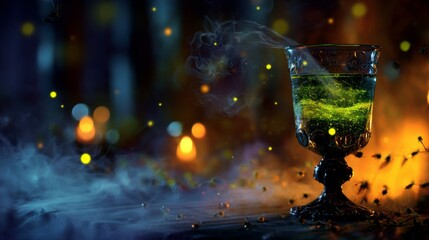Halloween Party Banner Concept. Alcoholic witch creepy orange cocktail in beautiful glass